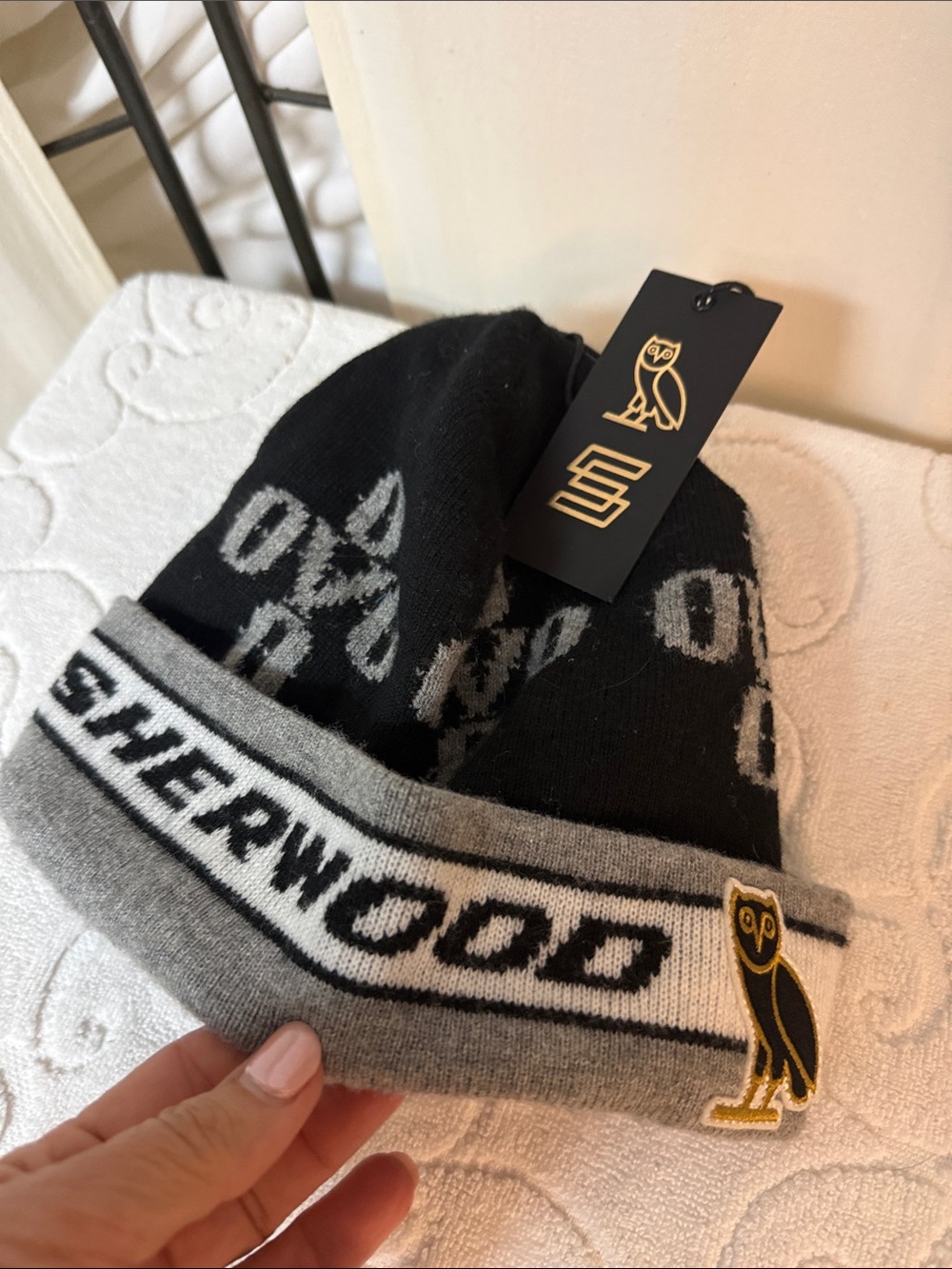 OVO Black & Gray Sherwood Knit Beanie with Owl Patch
